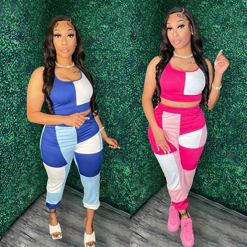 Women's Two Piece Pants Echoine Women Contrast color stitching Crop Vest Top And Trousers 2 Two Piece Sets Summer Sexy Fashion Party Tracksuit Ou