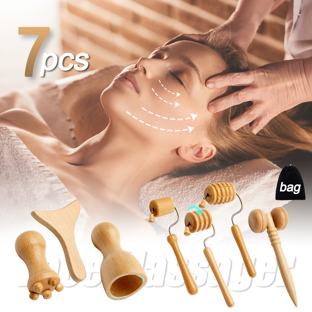 Face Care Devices 7Pcsset Face Massagers Gua Sha Tools Wood Therapy Meridian Massage Kit Roller Lifting Masajeador Maderoterapia Scraper 230718