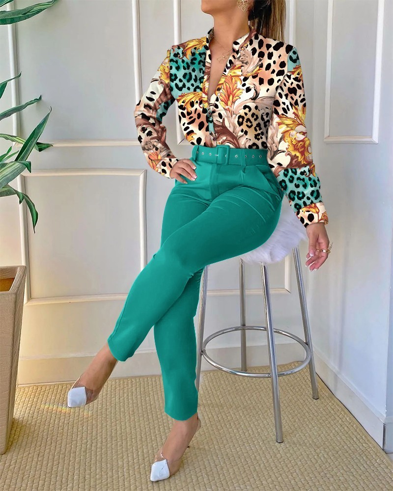 Women's Two Piece Pants Fashion Baroque Print Two Piece Set Women Outfits Elegant Office Lady Single Breasted Long Sleeve Shirt Belt Pant Matchin