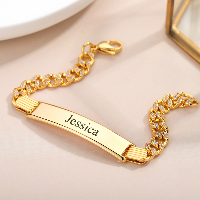 Bangle Custom Name Bracelet Zircon Hip Hop Cuban Chain Bracelet Carved Date Pendant 18k Gold Plated Men's Father's Day Gft Jewelry 230718