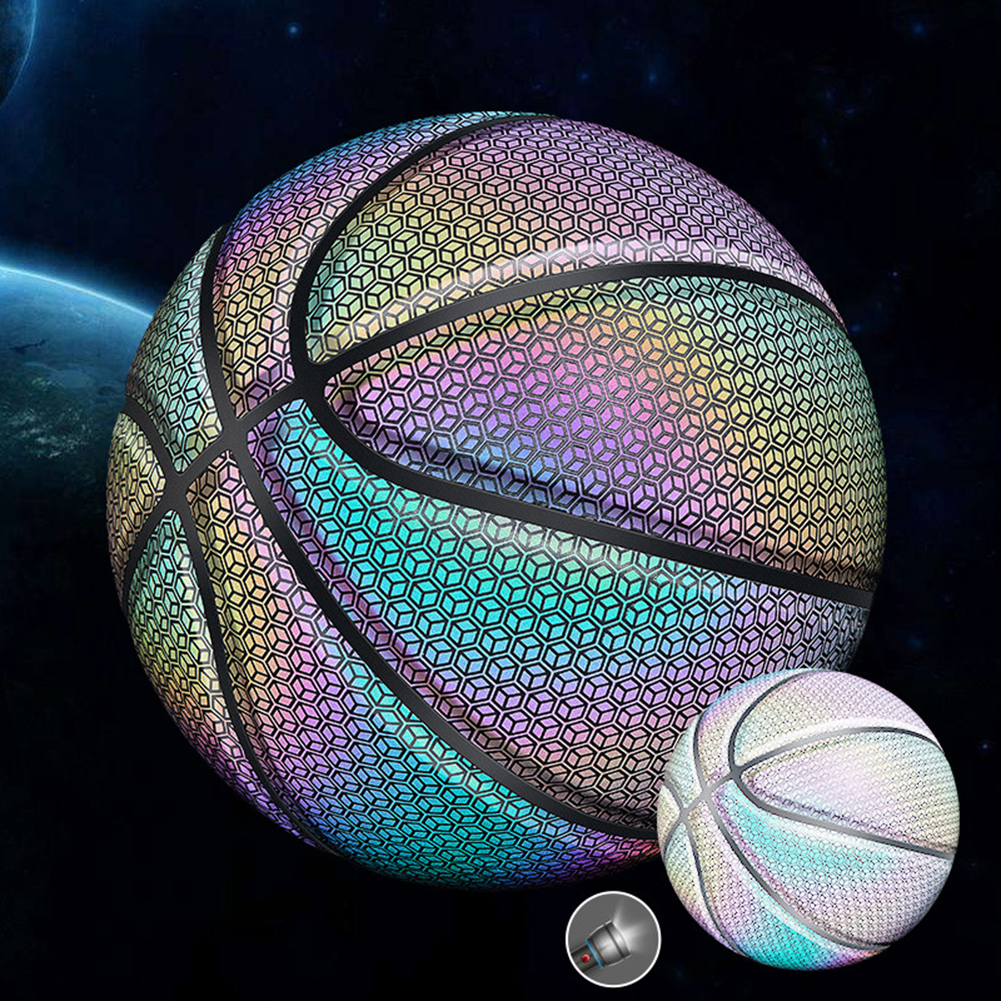 Balls Colorful Holographic Reflective Basketball Ball PU Leather Night Game Street Game Glowing Basketball Sports Luminous Basketball 230717