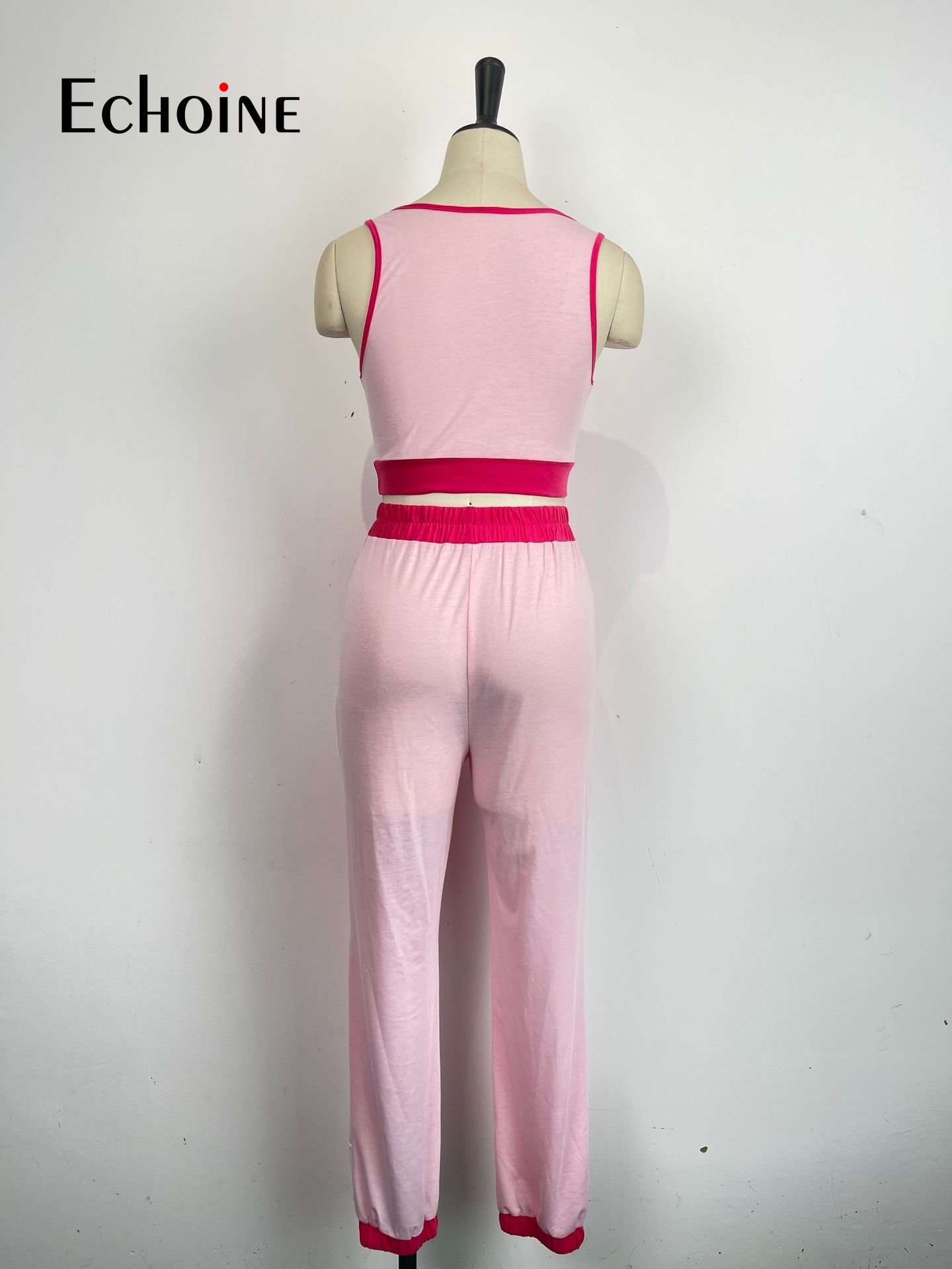 Women's Two Piece Pants Echoine Women Contrast color stitching Crop Vest Top And Trousers 2 Two Piece Sets Summer Sexy Fashion Party Tracksuit Ou