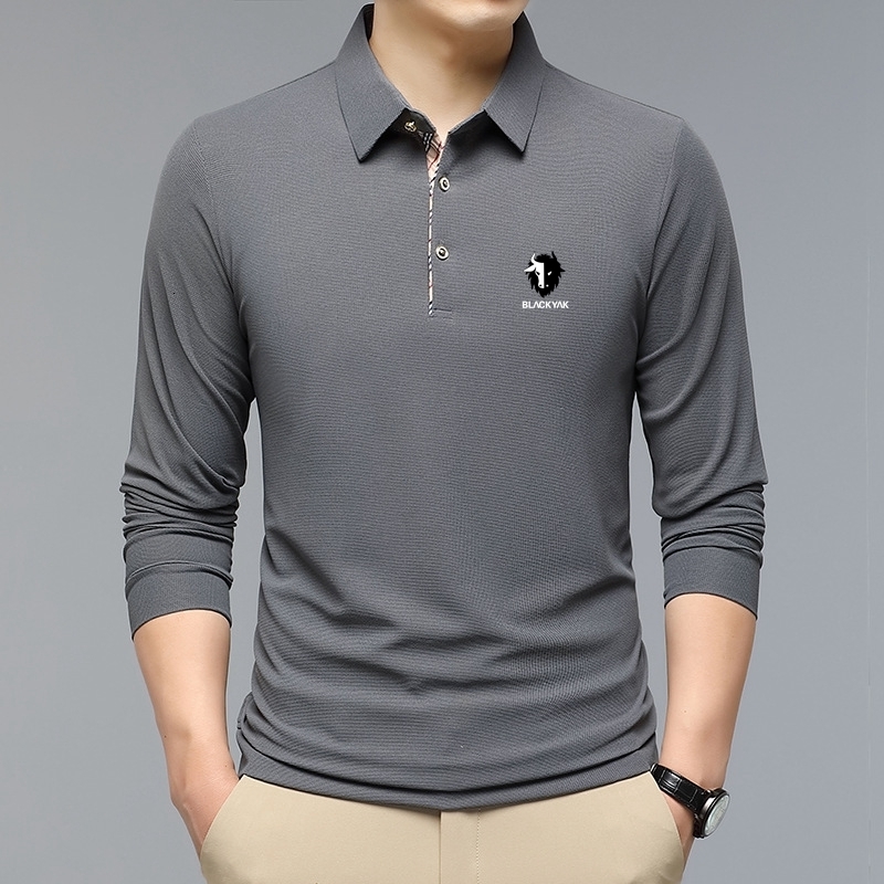 Men's Polos Fashion Solid Polo Shirt BLACK YAK Korean Clothing Long Sleeve Casual Fit Slim Man Button Collar Tops 230717