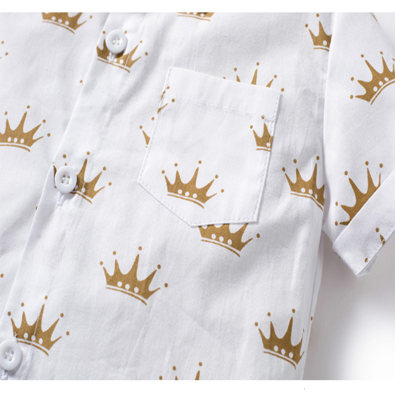 Clothing Sets Summer Kids Boys Formal Outfit Suit Crown Printed Shirt with Bow Leather Belt Boy Birthday Party Clothes Set 1 2 3 4 5 6 Years 230718