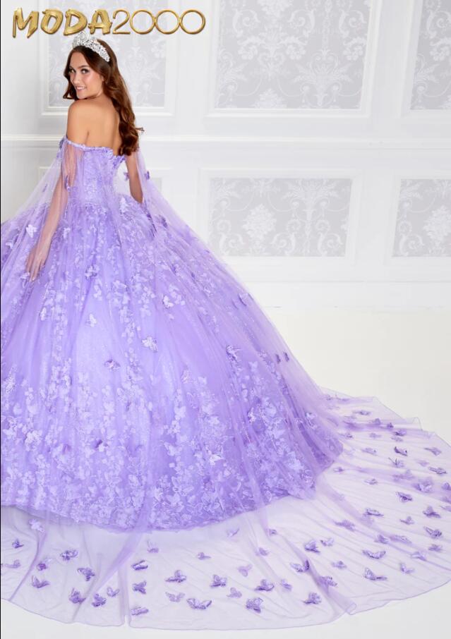 Lavender Princess Quinceanera Dresses With Cape Off Shoulder Ral Butterfly Corset Sweet 15 Gown Vestido Debutante Lilas