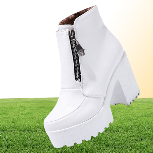 Sgesvier Black White Platform Ankle Boots for Women High Heels Boots Ladies Zip Autumn Winter Booties Woman Boots Shoes T2004