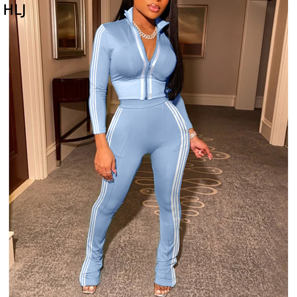 Women's Two Piece Pants HLJ Fashion Streetwear Women Zipper Long Sleeve Top Skinny Pants Two Piece Set Casual Solid Color Matching Sport 2pcs Out