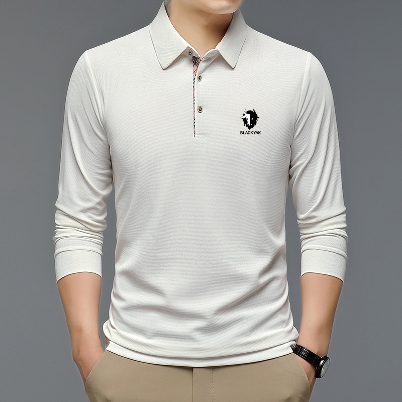 Men's Polos Fashion Solid Polo Shirt BLACK YAK Korean Clothing Long Sleeve Casual Fit Slim Man Button Collar Tops 230717