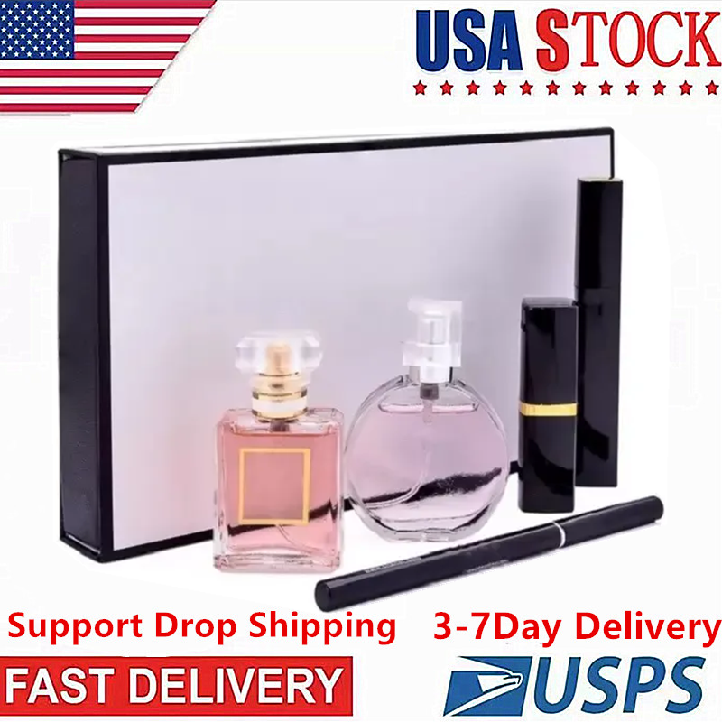US warehouse spot High end Brand makeup set 15ml perfumes lipsticks eyeliner mascara 5pcs with box Lips cosmetics kit for women gift