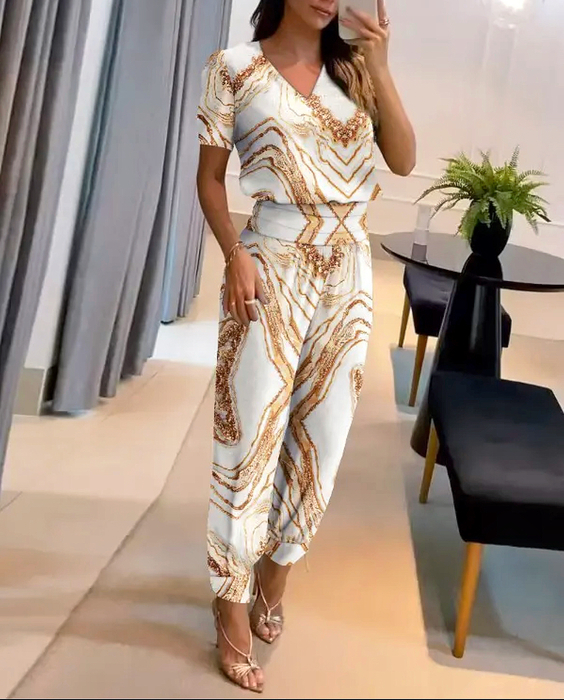 Women's Two Piece Pants Summer Fashion Print Two Piece Set Women Casual V-neck Short Sleeve Tshirt Elastic Harlan Pants Two Piece Set Women 23071