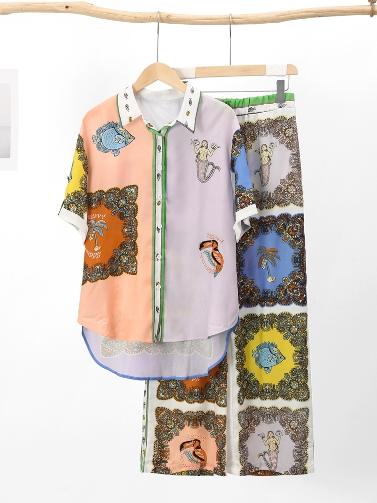 Casual printed shirt two-piece set women's loose short sleeves single chest women's set summer high waist wide leg pants set 230718
