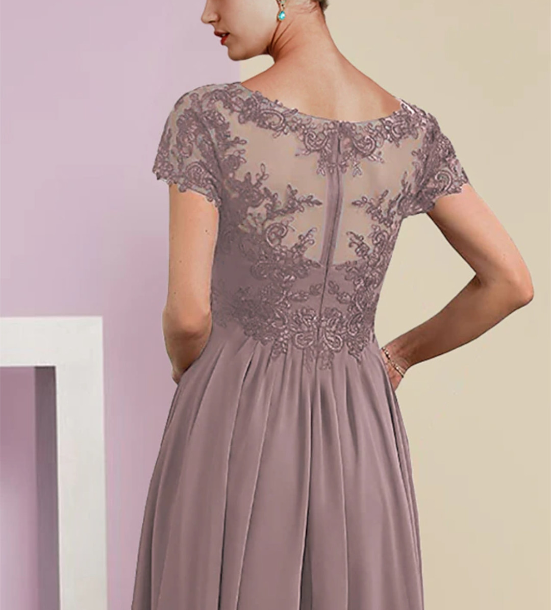 Elegant Short V-Neck Lace Mother of the Bride Dresses A-Line Chiffon Pleated Ankle Length Zipper La madre del vestido de novia Women Dresses for Women