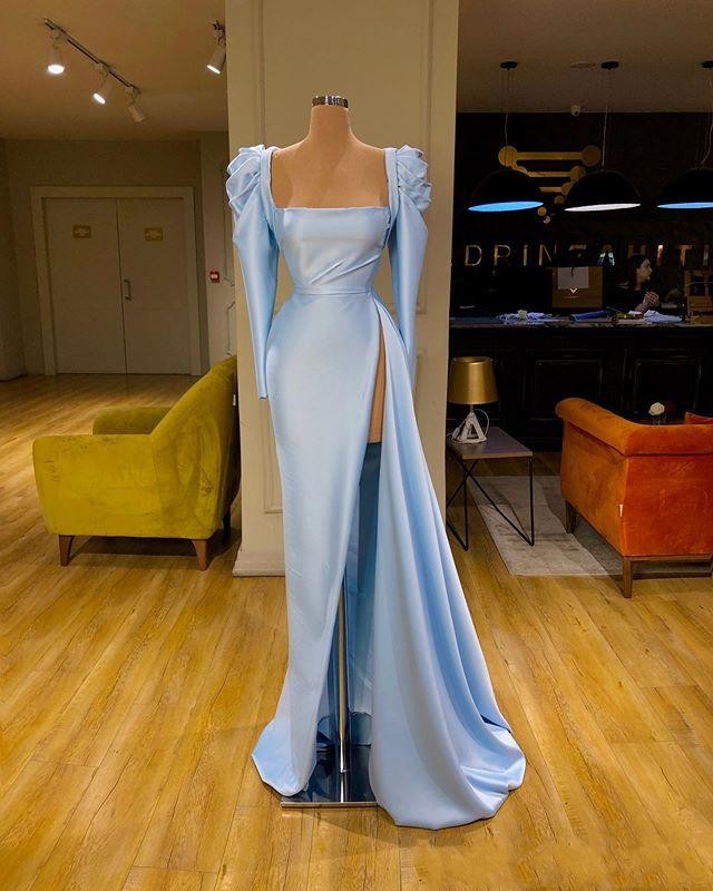 Sexy Bridesmaid Dresses Light Blue Sheath Mermaid Plus Size Long Satin Split Maid Of Honor Wedding Guest Dress Mixed Styles Floor Length 0424