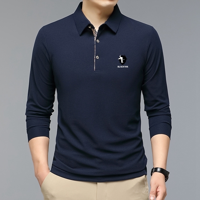 Men's Polos Fashion Solid Polo Shirt BLACK YAK Korean Clothing Long Sleeve Casual Fit Slim Man Button Collar Tops 230717