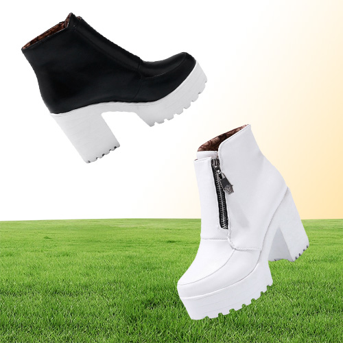 Sgesvier Black White Platform Ankle Boots for Women High Heels Boots Ladies Zip Autumn Winter Booties Woman Boots Shoes T2004