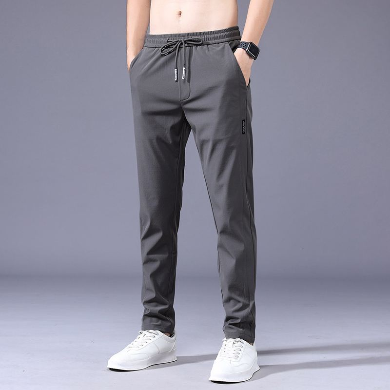 Men s Pants Summer Casual Thin Soft Elasticity Lace up Waist Solid Color Pocket Applique Korea Grey Black Work Trousers Male 38 230718