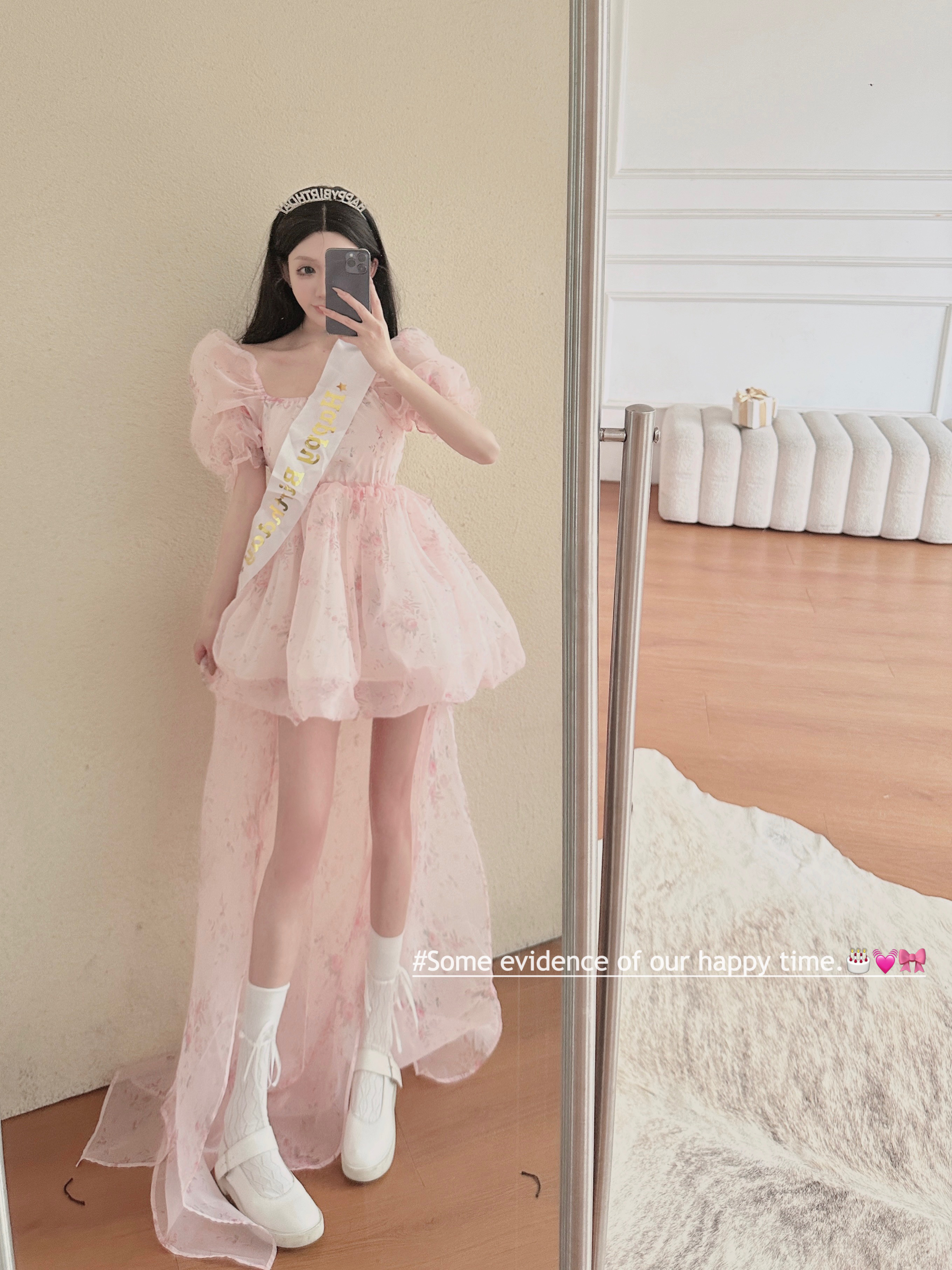Womens short puff sleeve pink print flower gauze fabric high waist princess style ball gown dress
