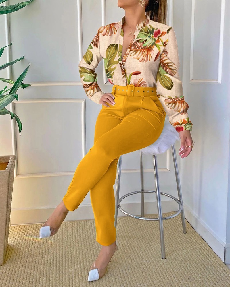 Women's Two Piece Pants Fashion Baroque Print Two Piece Set Women Outfits Elegant Office Lady Single Breasted Long Sleeve Shirt Belt Pant Matchin