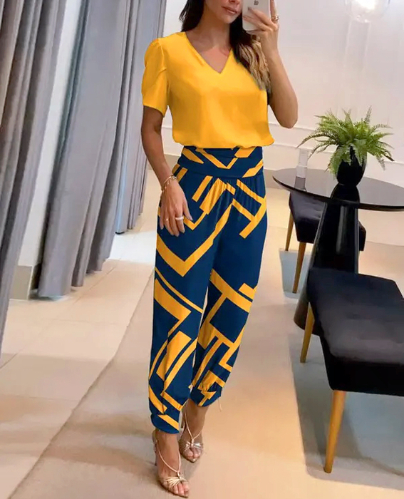 Women's Two Piece Pants Summer Fashion Print Two Piece Set Women Casual V-neck Short Sleeve Tshirt Elastic Harlan Pants Two Piece Set Women 23071