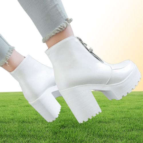 Sgesvier Black White Platform Ankle Boots for Women High Heels Boots Ladies Zip Autumn Winter Booties Woman Boots Shoes T2004
