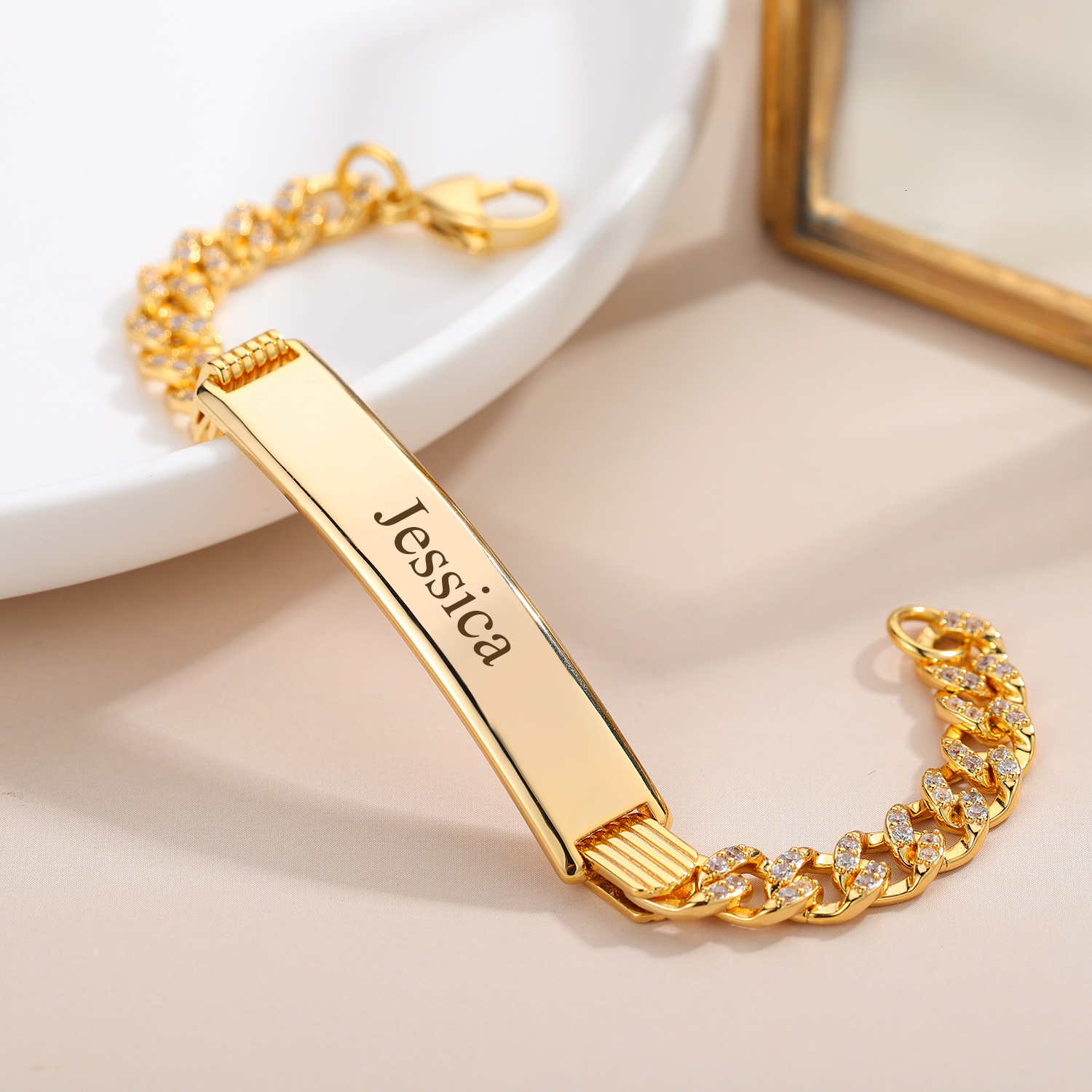 Bangle Custom Name Bracelet Zircon Hip Hop Cuban Chain Bracelet Carved Date Pendant 18k Gold Plated Men's Father's Day Gft Jewelry 230718