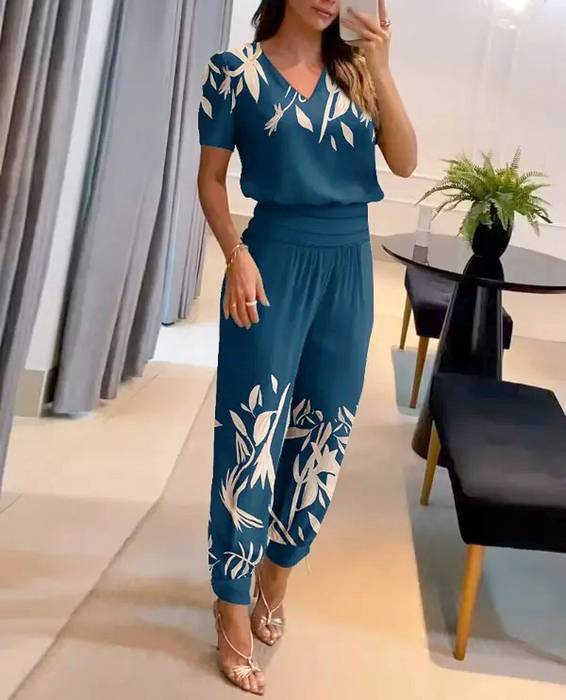Women's Two Piece Pants Summer Fashion Print Two Piece Set Women Casual V-neck Short Sleeve Tshirt Elastic Harlan Pants Two Piece Set Women 23071