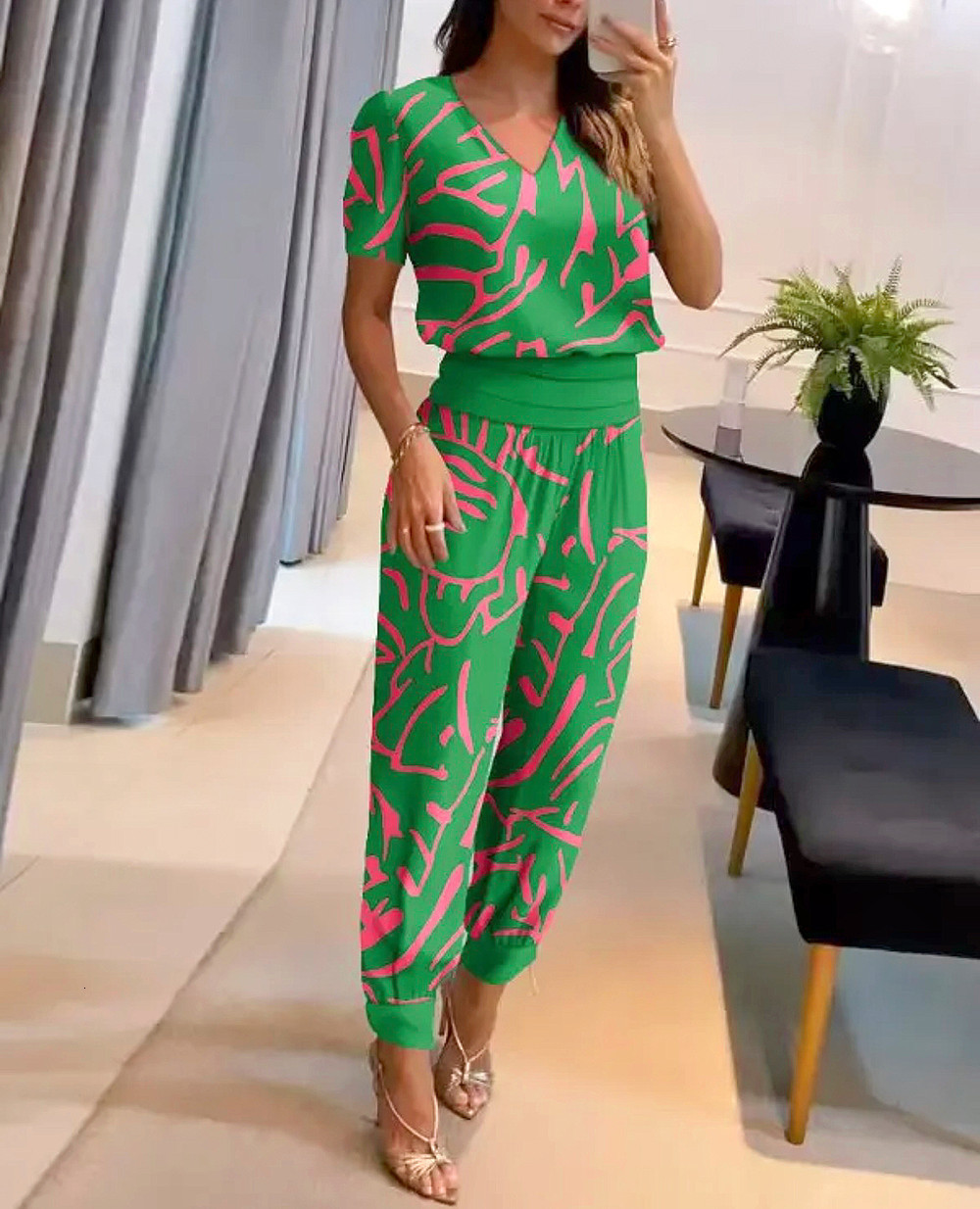Women's Two Piece Pants Summer Fashion Print Two Piece Set Women Casual V-neck Short Sleeve Tshirt Elastic Harlan Pants Two Piece Set Women 23071