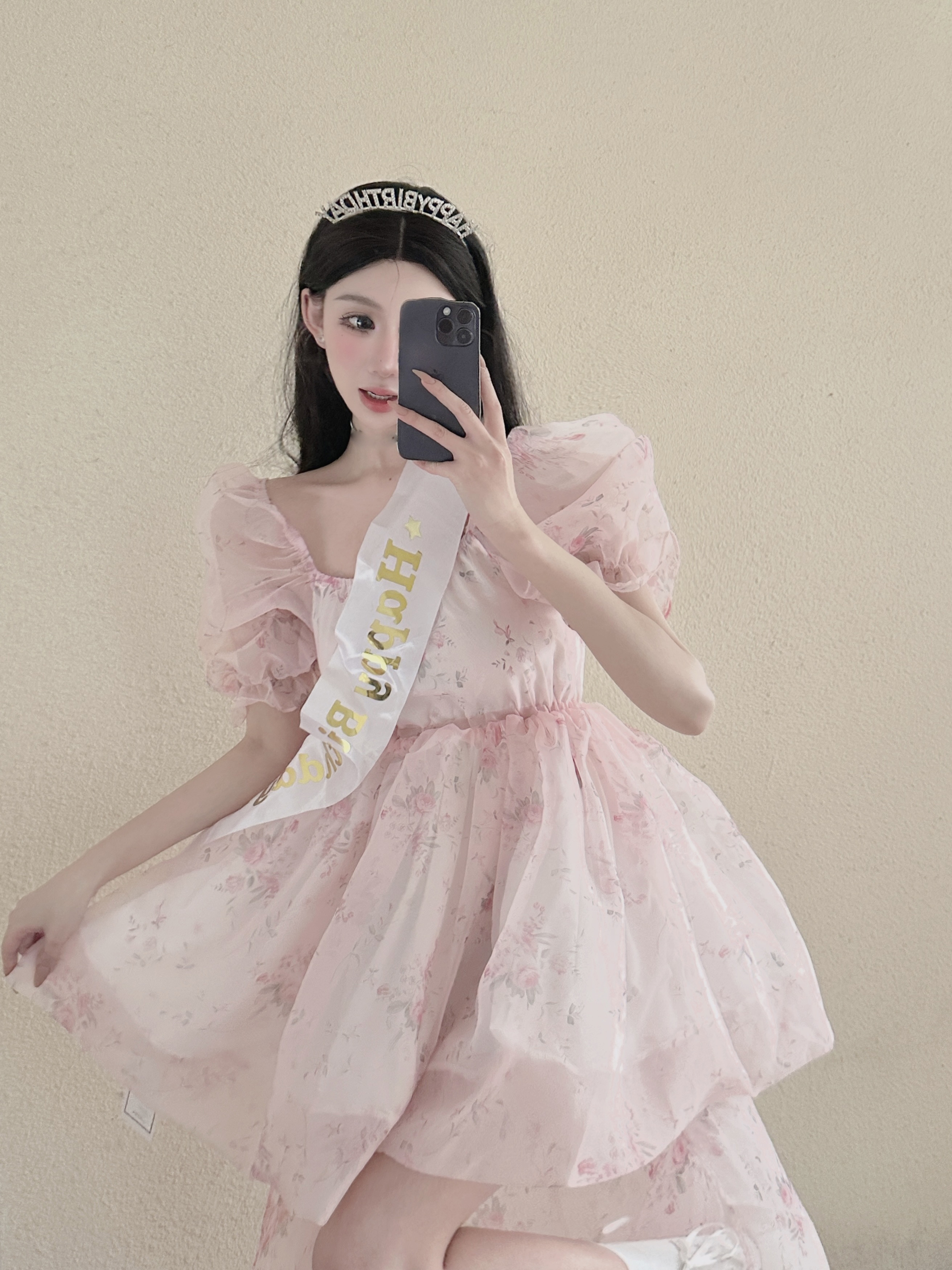 Womens short puff sleeve pink print flower gauze fabric high waist princess style ball gown dress