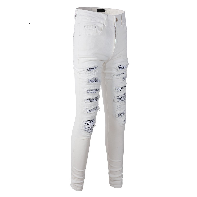 Men's Jeans Mens White Distressed Streetwear Fashion Slim Fit Stretch Embroidered Damaged Tie Dye Bandana Rib Patch Ripped Skinny 230718