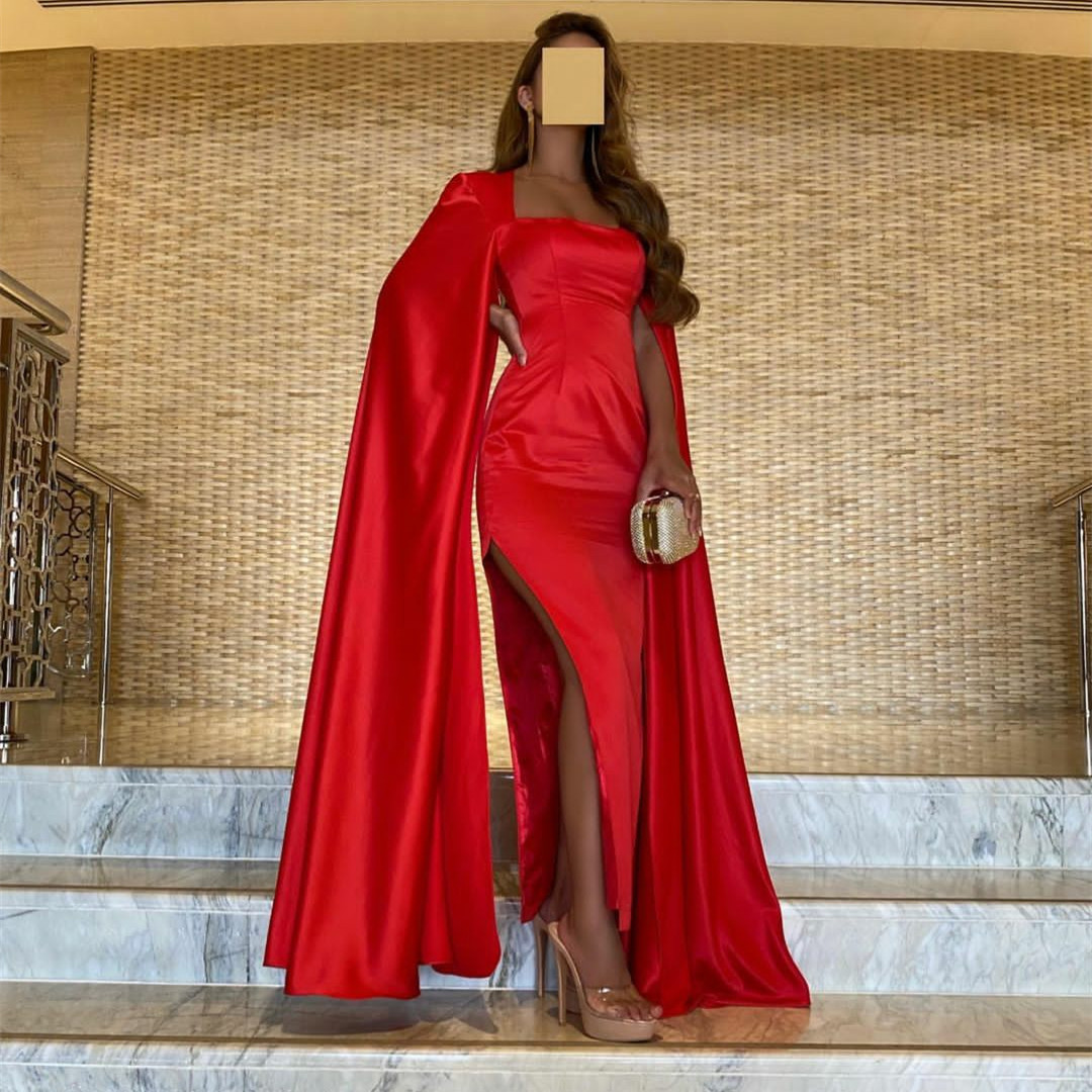 Elegant Long Red Sqaure Collar Satin Evening Dresses With Cape Sheath Ankle Length Prom Dresses With Slit Abendkleider Robes de Soiree for Women