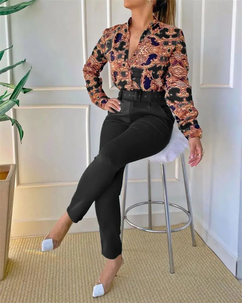 Women's Two Piece Pants Fashion Baroque Print Two Piece Set Women Outfits Elegant Office Lady Single Breasted Long Sleeve Shirt Belt Pant Matchin