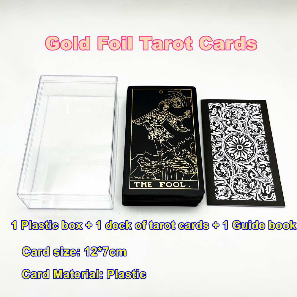 Outdoor Games Activities 1 Deck Tarot Cards Plastic Gold Foil With Transparent Box Black Waterproof Durable Astrology Guide Book L722 230718