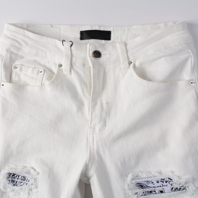 Men's Jeans Mens White Distressed Streetwear Fashion Slim Fit Stretch Embroidered Damaged Tie Dye Bandana Rib Patch Ripped Skinny 230718