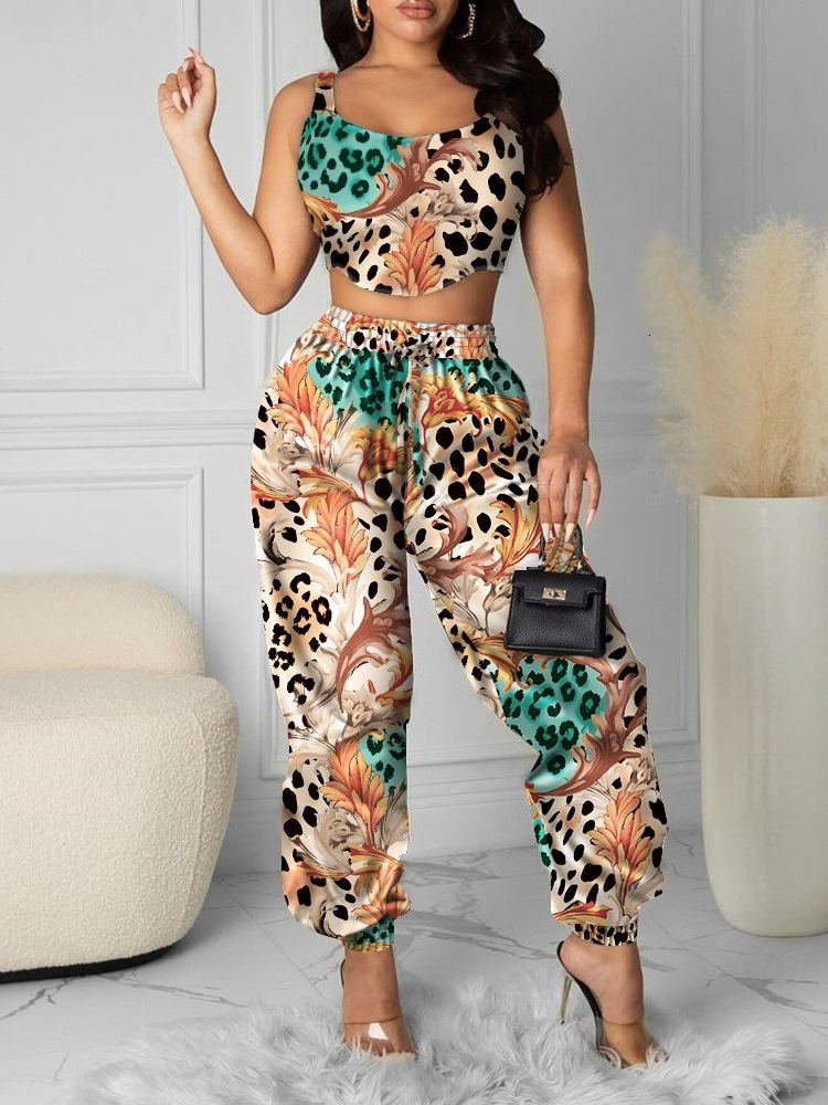 Women's Two Piece Pants Women Leopard Two Piece Set Crop Top Tank Top And High Waist Pants Sexy Streetwear Two Piece Set Summer women's 2 pi