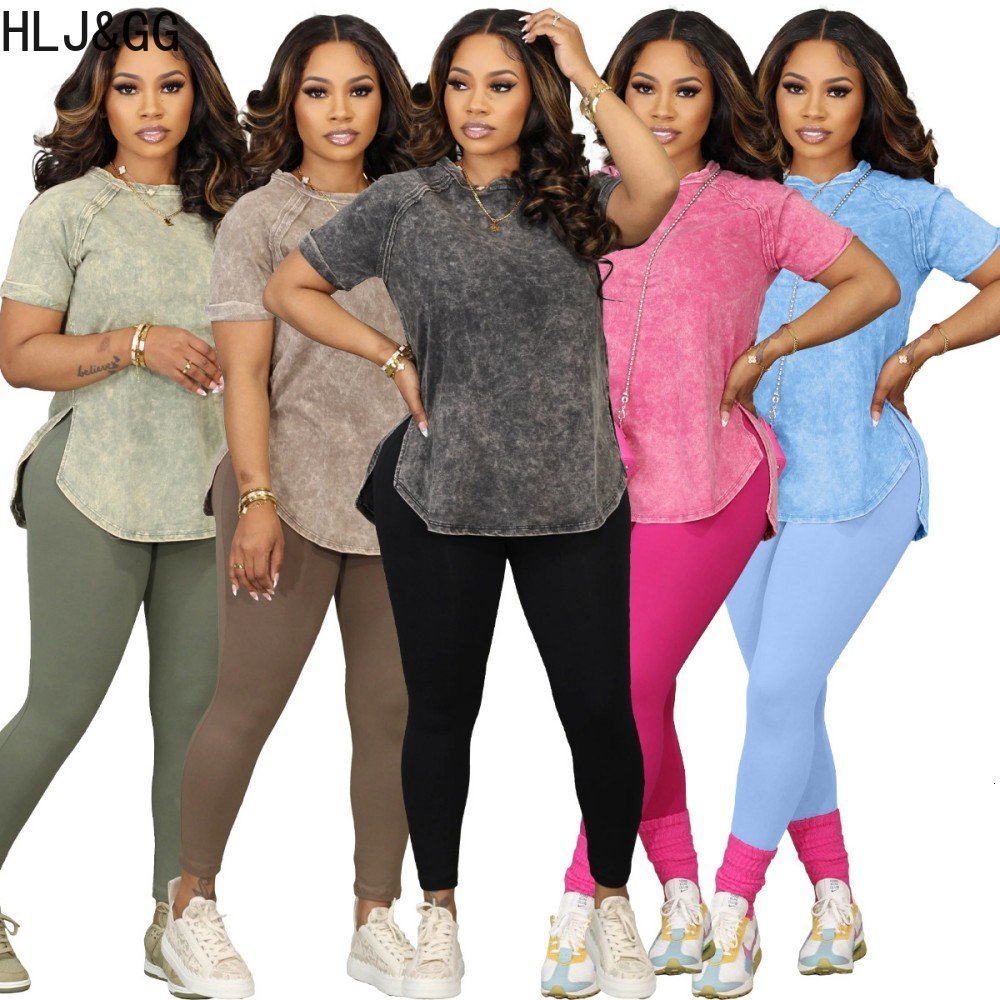 Women's Two Piece Pants HLJ GG Casual Solid Color Sporty Two Piece Sets Women Round Neck Short Sleeve Top And Skinny Pants Tracksuit Casual 2pcs 