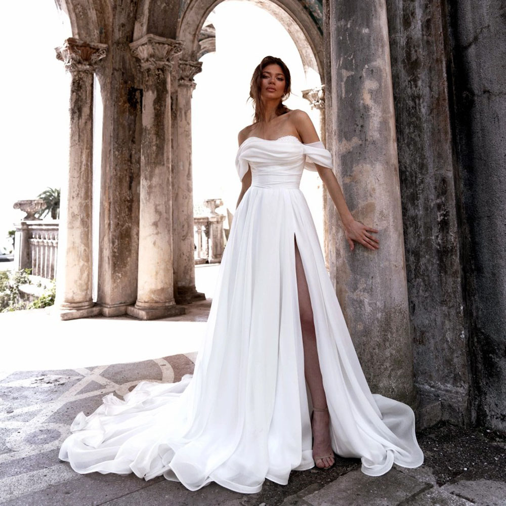 Thigh-High Slits A Line Wedding Dress Off the Shoulder Beaded Bridal Gown Pleat Organza Sweep Train Beach Wedding Dresses