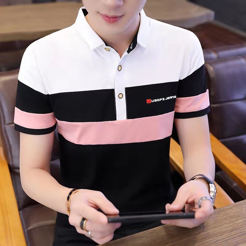 Men's Polos Summer Short Sleeve Tshirt Korean Fashion Lapel Cotton Splicing Polo Shirt Casual Breathable Top 230717