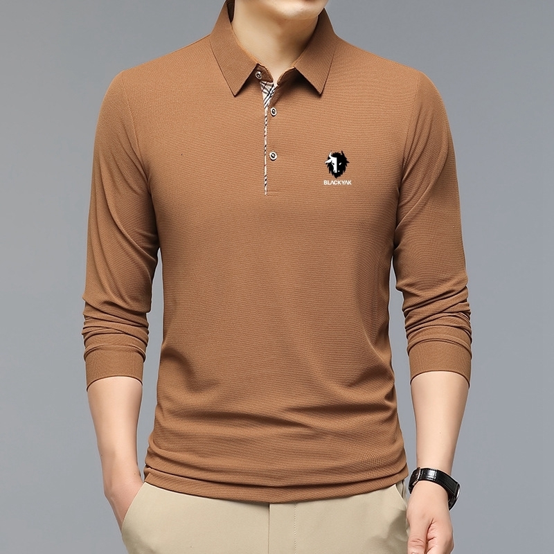 Men's Polos Fashion Solid Polo Shirt BLACK YAK Korean Clothing Long Sleeve Casual Fit Slim Man Button Collar Tops 230717