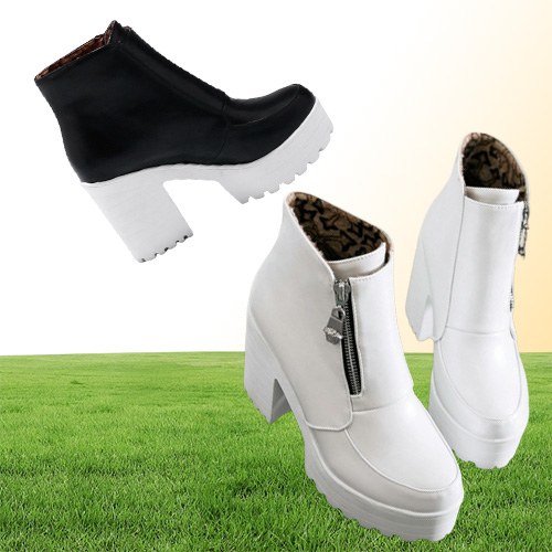 Sgesvier Black White Platform Ankle Boots for Women High Heels Boots Ladies Zip Autumn Winter Booties Woman Boots Shoes T2004