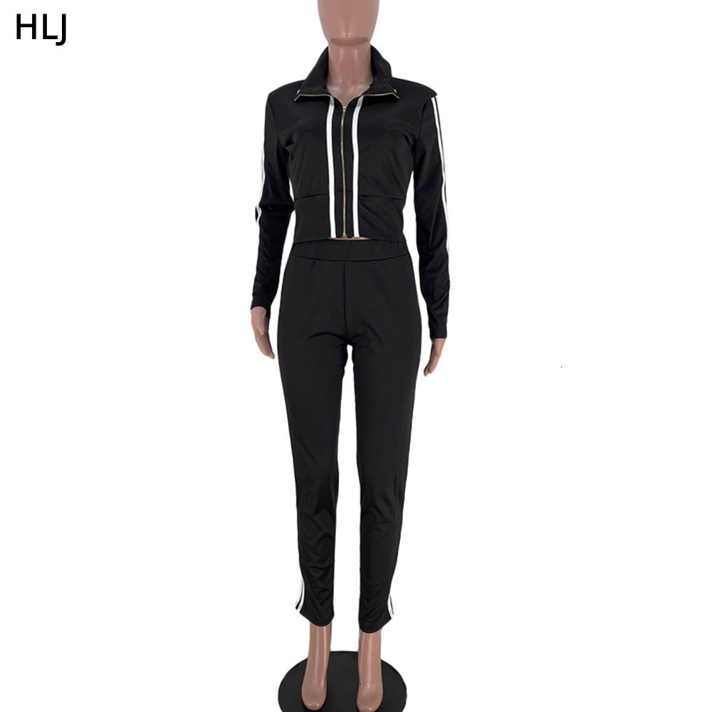 Women's Two Piece Pants HLJ Fashion Streetwear Women Zipper Long Sleeve Top Skinny Pants Two Piece Set Casual Solid Color Matching Sport 2pcs Out
