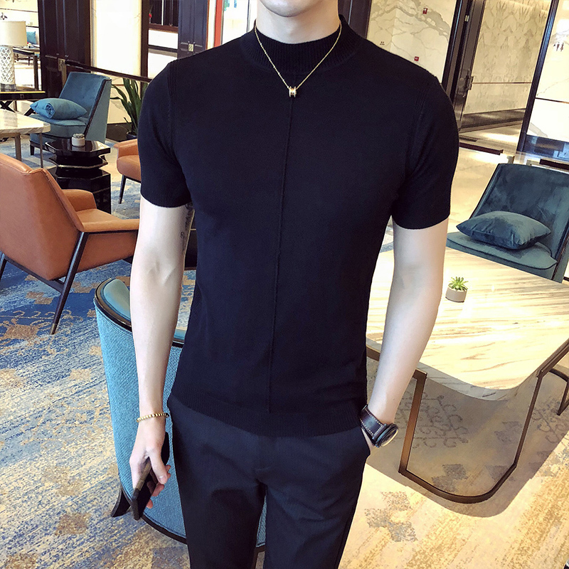 Men s Sweaters 7 Colors Half High Collar Men T shirt Spring Short Sleeve Solid Color Sweater Pullover T Shirt Slim Knitted Tees Top 230718