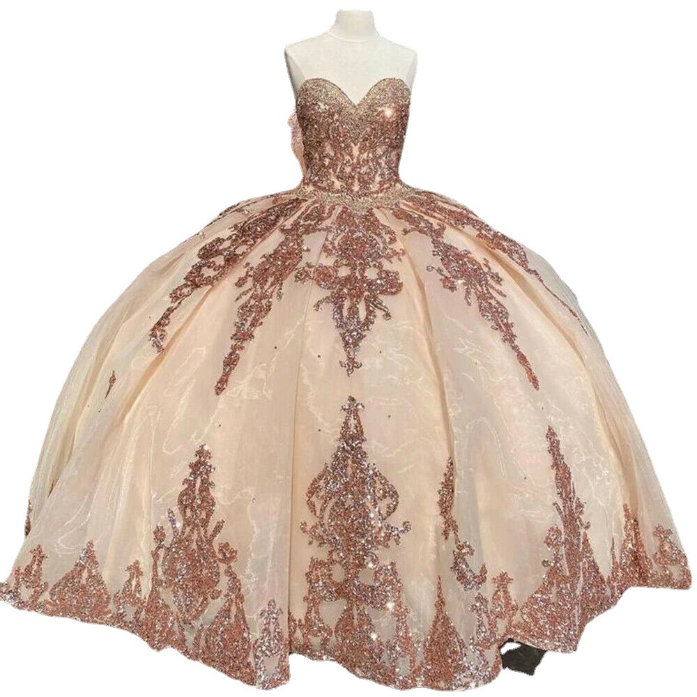 Rose Gold Quinceanera Dresses Charro Sweetheart Puffy Ball Gown Sweet 2023 Sequined Corset Prom