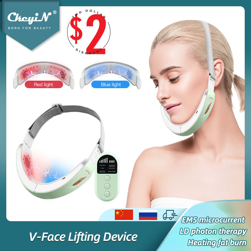 Face Care Devices CkeyiN Chin V-Line Up Lift Belt Machine Blue LED Pon Therapy EMS Face Lifting Slimming Vibration Massager Double Chin Reducer 230718