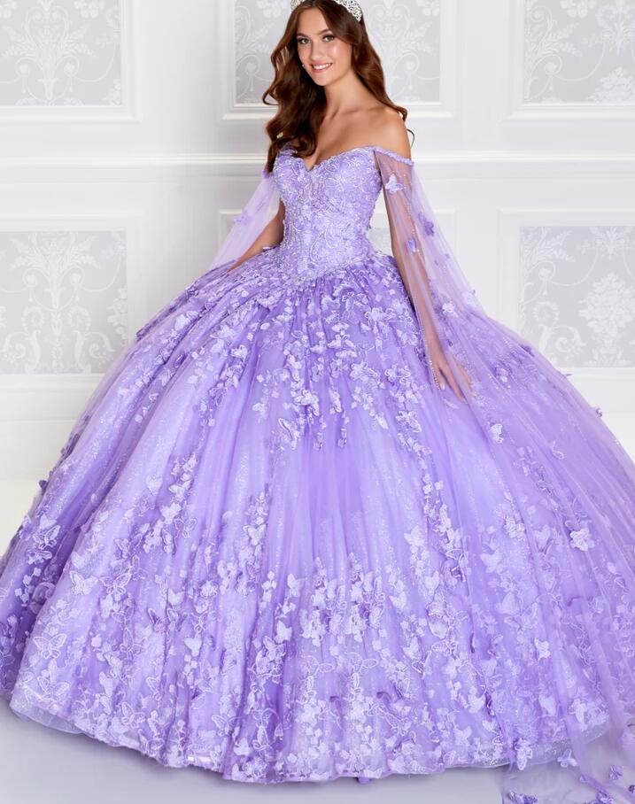 Lavender Princess Quinceanera Dresses With Cape Off Shoulder Ral Butterfly Corset Sweet 15 Gown Vestido Debutante Lilas