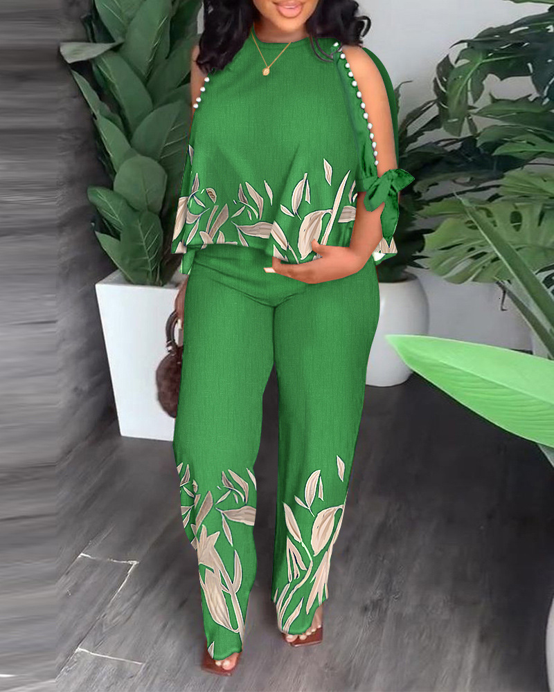 Women's Two Piece Pants Summer Printed Beading 2 Piece Set Women Casual Two Piece Outfit Hollow Out Long Sleeve Top Straight Leg Pants Suit Track