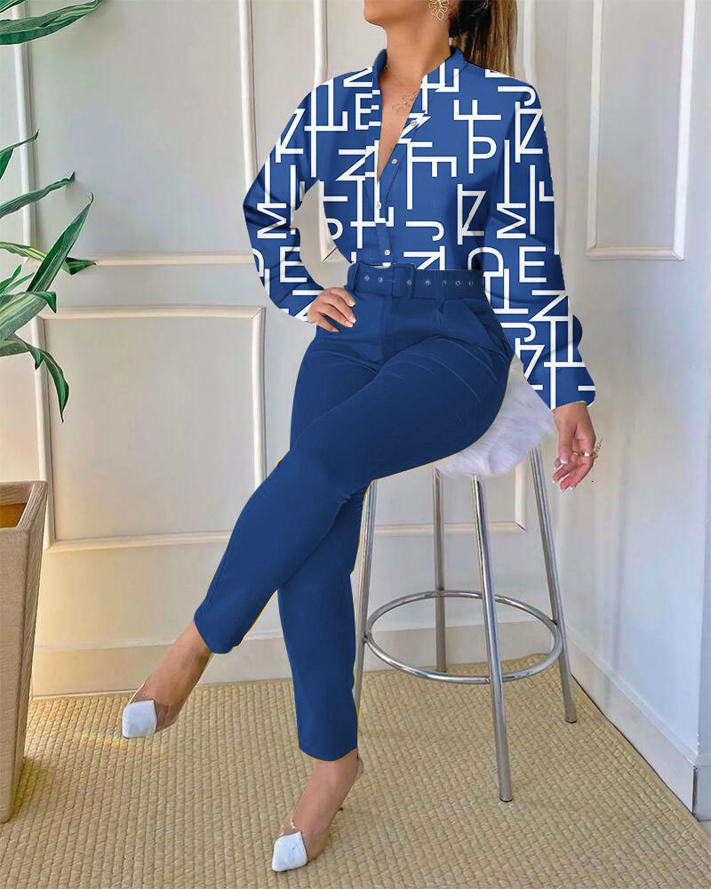 Women's Two Piece Pants Fashion Baroque Print Two Piece Set Women Outfits Elegant Office Lady Single Breasted Long Sleeve Shirt Belt Pant Matchin