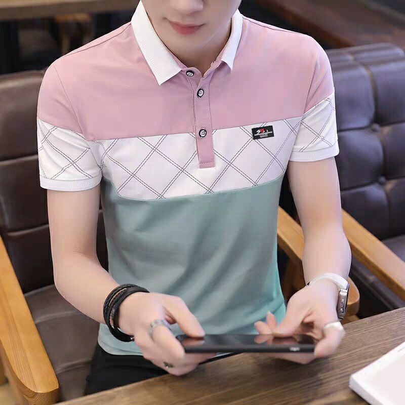 Men's Polos Summer Short Sleeve Tshirt Korean Fashion Lapel Cotton Splicing Polo Shirt Casual Breathable Top 230717