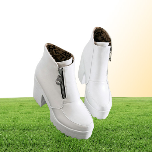 Sgesvier Black White Platform Ankle Boots for Women High Heels Boots Ladies Zip Autumn Winter Booties Woman Boots Shoes T2004