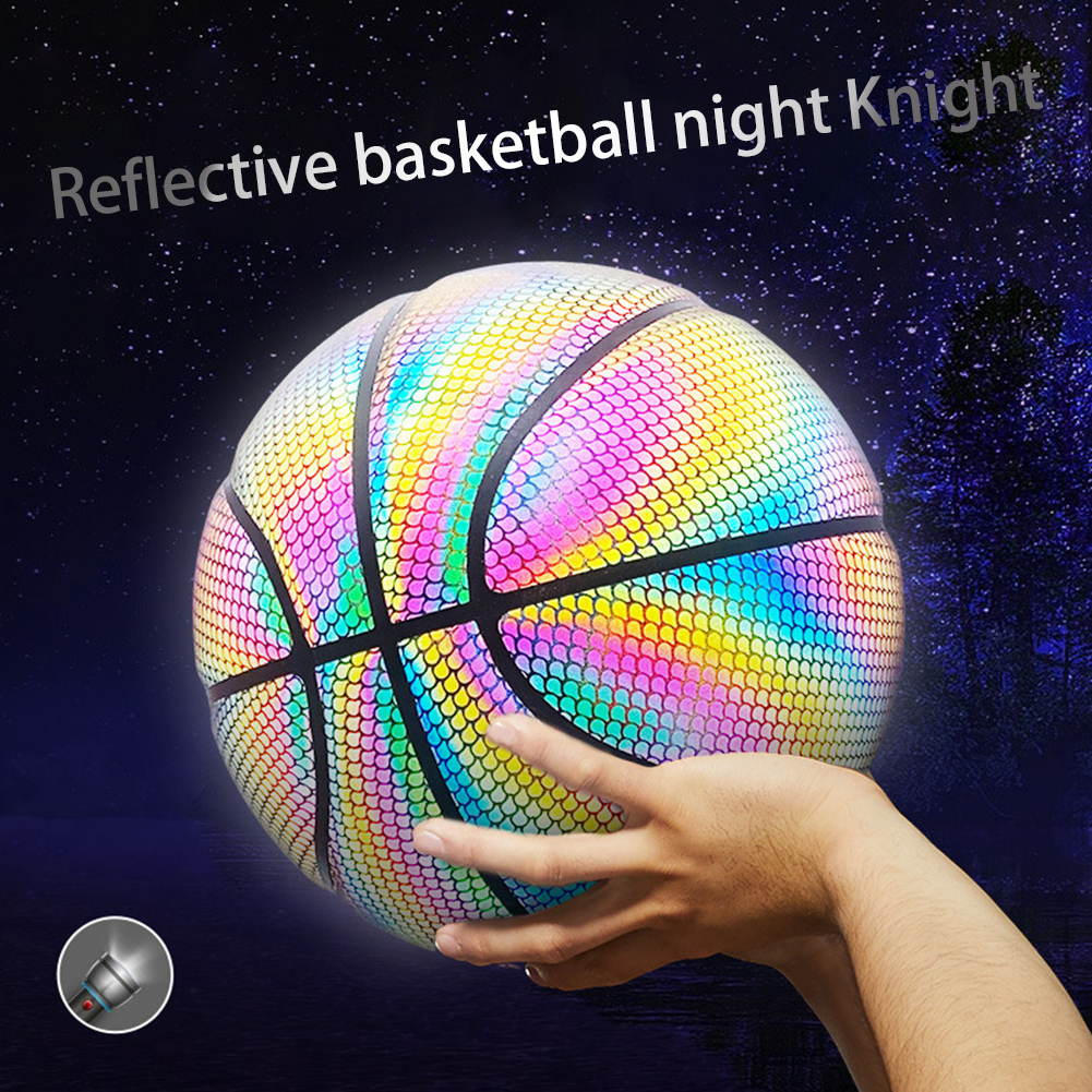 Balls Colorful Holographic Reflective Basketball Ball PU Leather Night Game Street Game Glowing Basketball Sports Luminous Basketball 230717