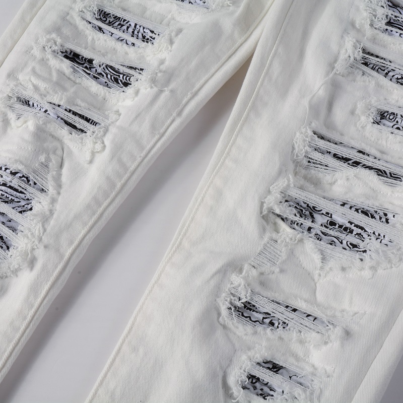 Men's Jeans Mens White Distressed Streetwear Fashion Slim Fit Stretch Embroidered Damaged Tie Dye Bandana Rib Patch Ripped Skinny 230718